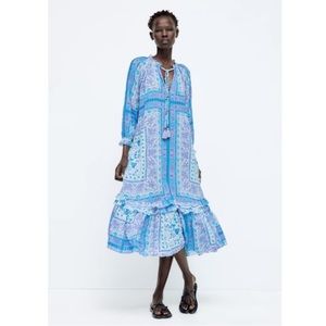 ZARA Blue and Purple Scarf Print Ruffle Trim Flowy Boho Midi Dress Size Medium